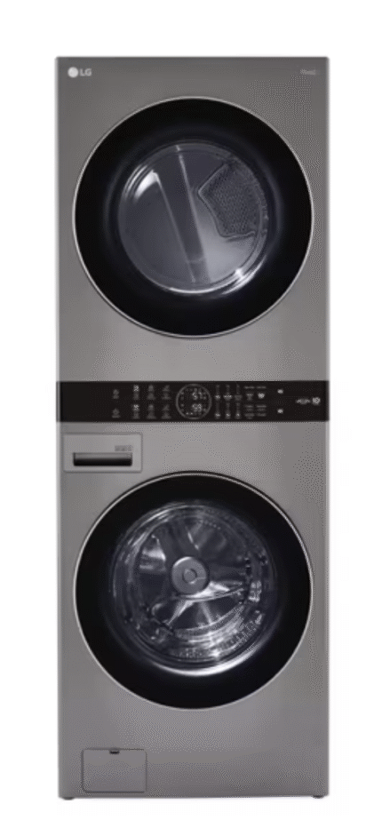 WashTower Stacked SMART Laundry Center 4.5 Cu. Ft. Front Load Washer & 7.4 Cu.Ft. Gas Dryer in Graphite Steel