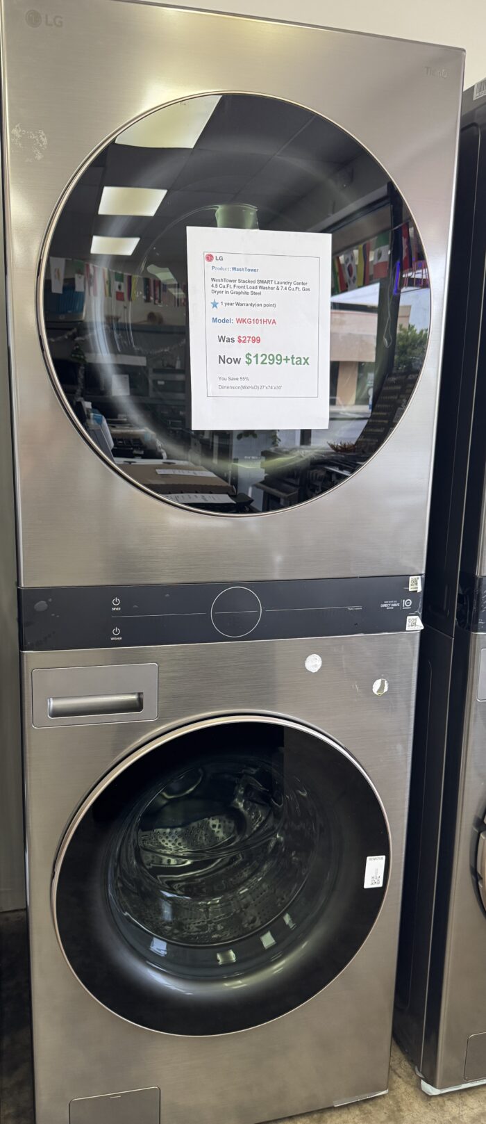 WashTower Stacked SMART Laundry Center 4.5 Cu. Ft. Front Load Washer & 7.4 Cu.Ft. Gas Dryer in Graphite Steel - Image 2