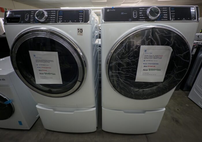 Profile 5.3 cufu. Smart White Front Load Washer with OrdorBlock & UltraFresh Vent System/Profile 7.8 cu.ft. vented Electric White Dryer with Steam and Sanitize Cycle/Two Pedestal Storage Unit - Image 2